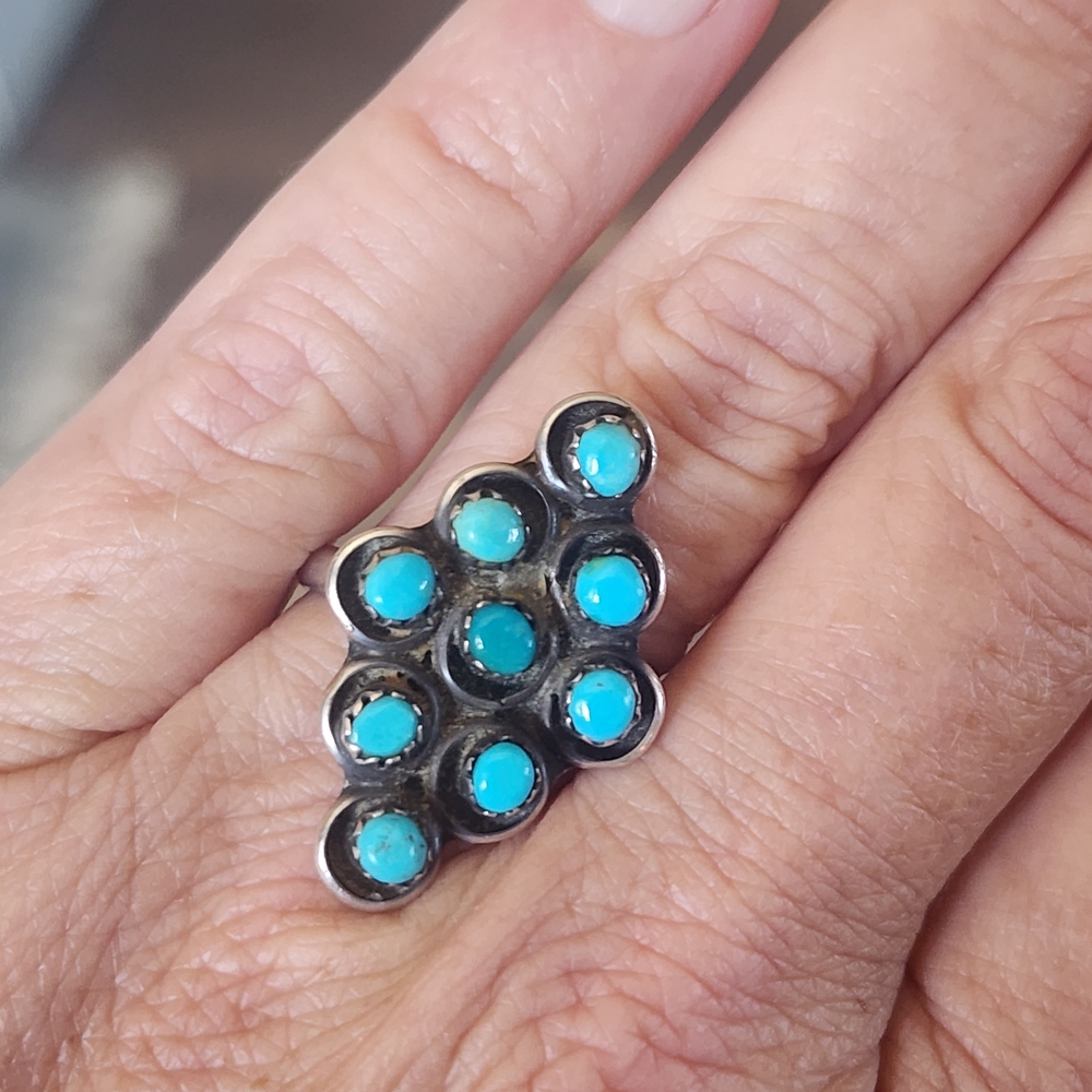 Sterling Silver Cluster Turquoise Ring - Blue Stone Women’s Native American Sz 8
